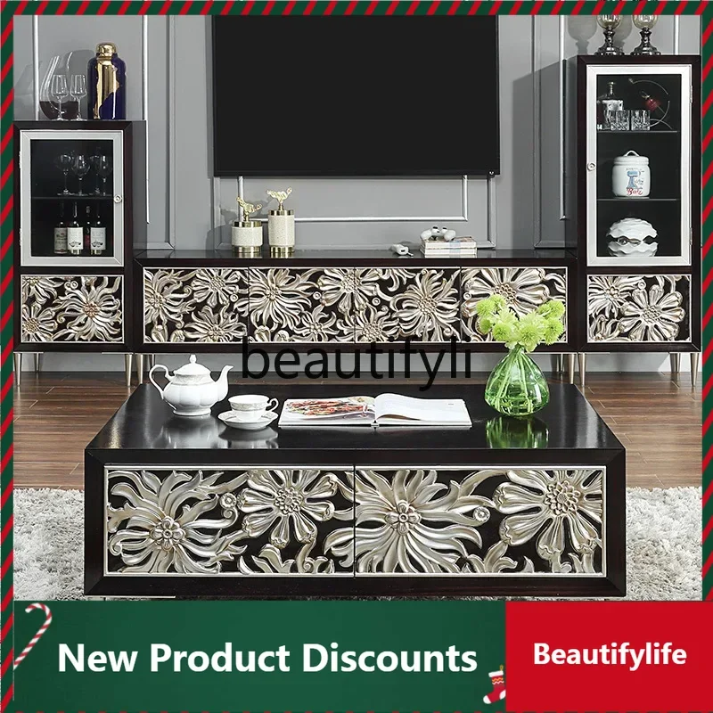 

Light luxury coffee table TV cabinet combination solid wood living room storage low cabinet multi-functional tea table D80