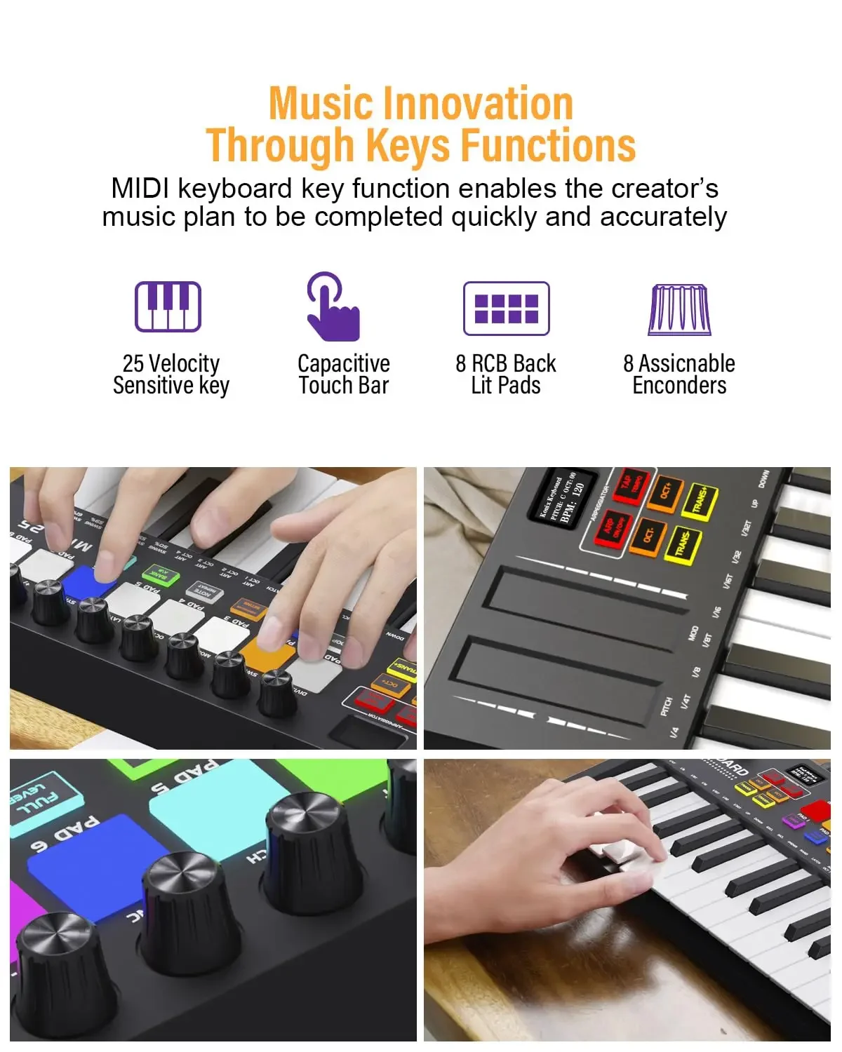 Mini Portable MIDI Control Keyboard, USB, Sequencer Keyboard, Backlit Drum Pads, 8 Knobs, OLED, 25-Key Controller