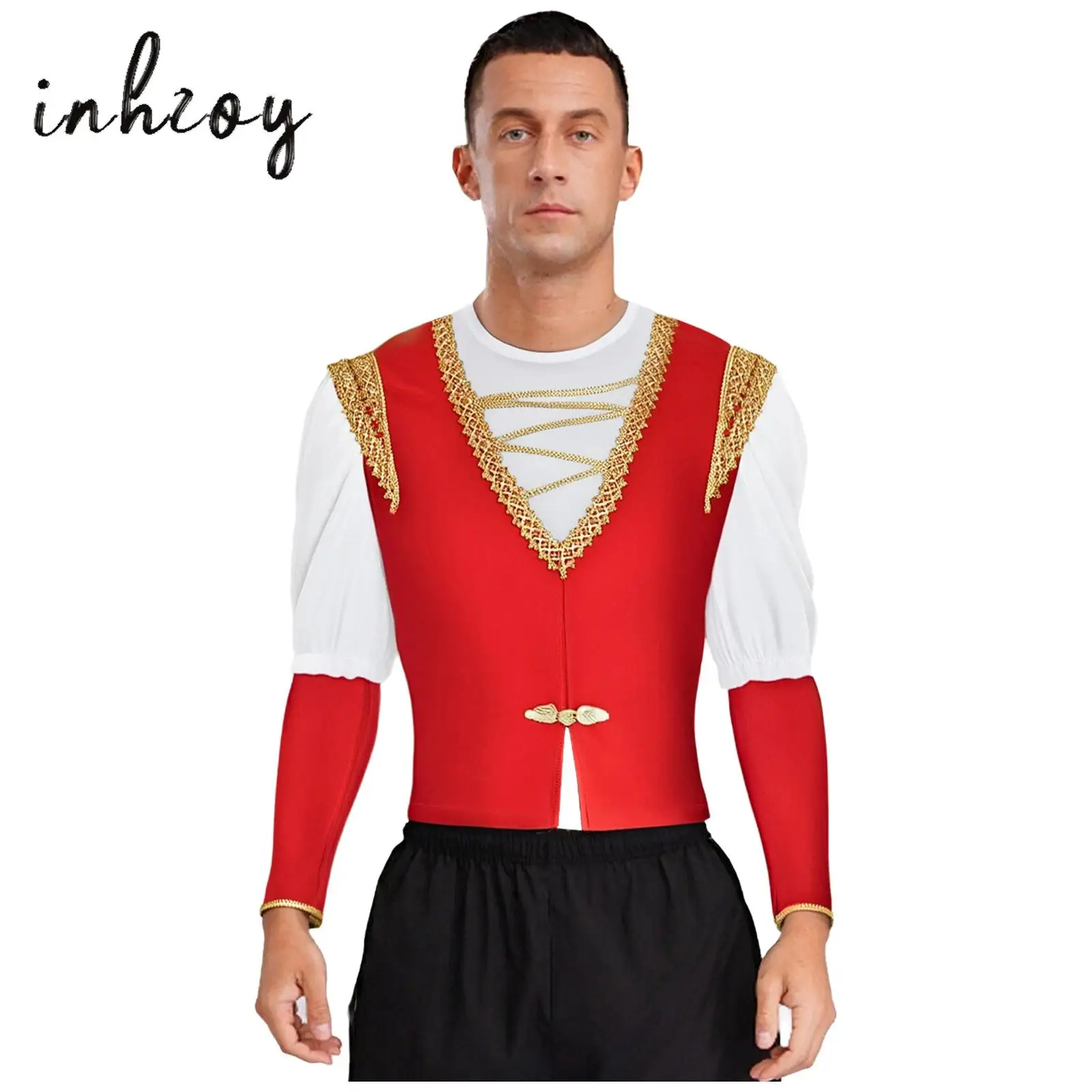 

Mens Arab Prince Costume Steampunk Waistcoat Half Sleeve Velvet Shirt+V Neck Gold Trim Vest+Sleeves for Halloween Party Cosplay