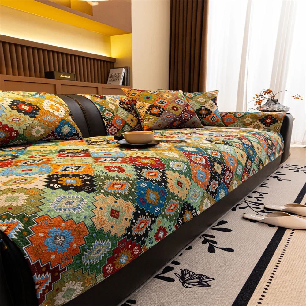 Retro Chenille Sofa Cushion Cover Universal Non-Slip Fixed Straight Row All-Seasons Slipcover for Home Comfort