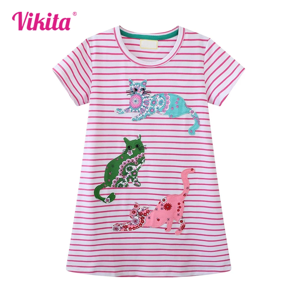 

VIKITA 2025 Kids Summer Short Sleeve Dress Gifts Girls Cat Cartoon Embroidery Cotton Casual School Daily Striped Straight Dress