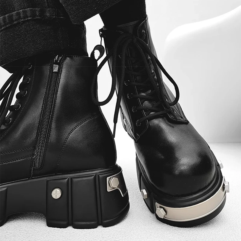 England style mens casual punk rock platform boots lace-up natural leather shoes cowboy spring autumn boot high motorcycle botas - view 5