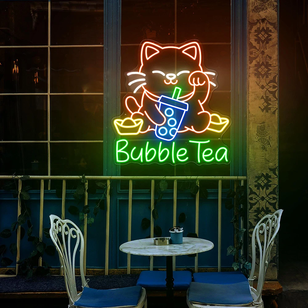 Lucky Cat Drinking Bubble Tea Neon Sign Boba Tea Shop Decor Custom Neon Sign for Coffee Drink Bar Decoration Opening Led Light