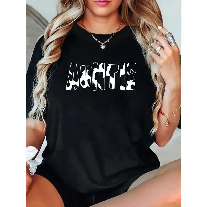 

Women's Cow Print Auntie T-Shirt | Stylish Farm Animal Graphic Tee | Best Aunt Ever Family Gift Casual Top