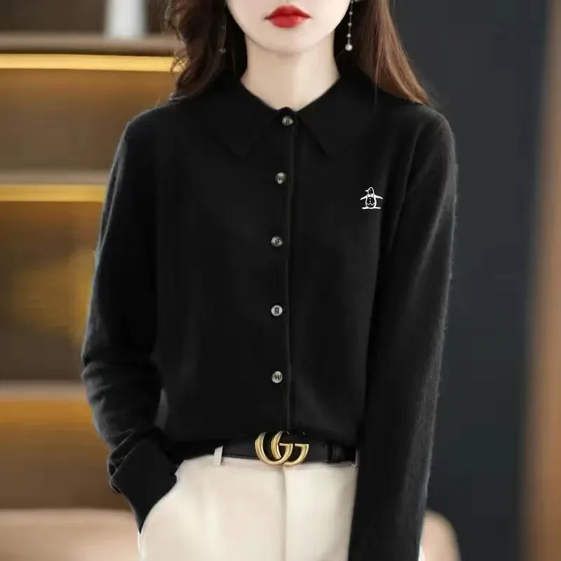 Korean Luxury Golf Sweater Women Golf Wear 2024 Autumn New Jacket Fashion Flip Collar Knit Cardigan Women's Golf Clothing image 4