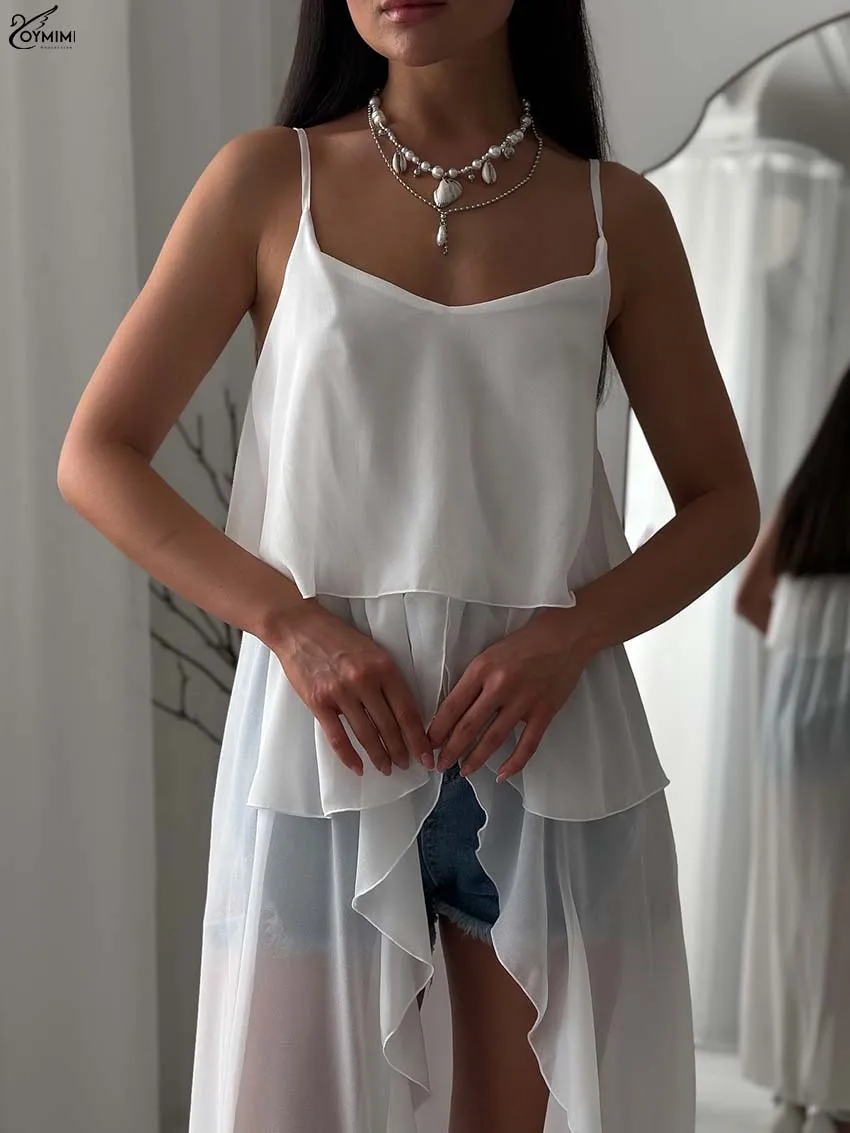 Oymimi Autumn White Loose Women Shirts Fashion Spaghetti Strap Open Back Patchwork Blouses Casual Ruffled Translucent Blouses