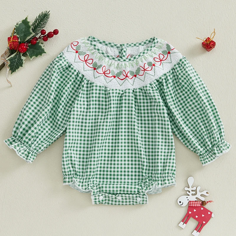 Newborn Baby Girl Smocked Christmas Outfit Plaid Bubble Romper Xmas Print Embroidery Bodysuit Infant Fall Clothes