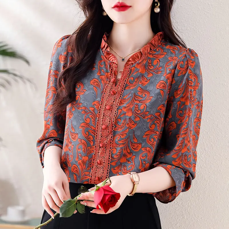 2024 New Summer Oversized High Waist Bohemian Casual Women\'s Shirt Korean Style Button Lotus Leaf Collar Long Sleeve Chic Tops