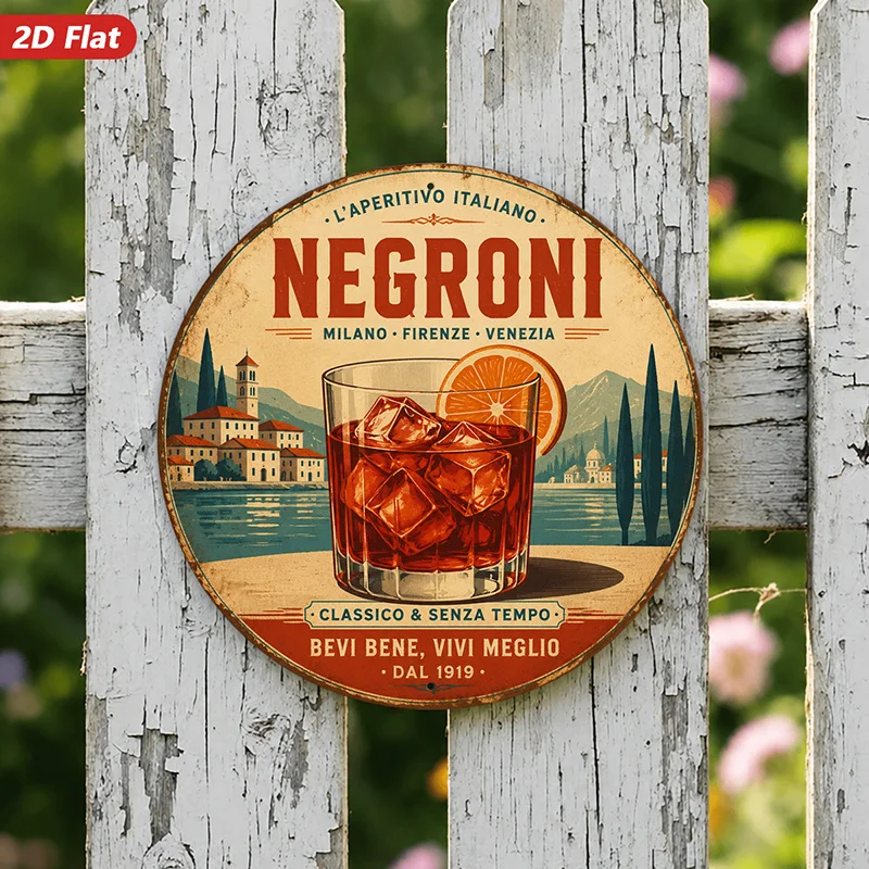 2D Flat, 1pc Italian Cocktail Art Round Metal Sign Wall Art, Negroni Text, Red In Glass, Ideal for Bedroom Corner Office, Home D
