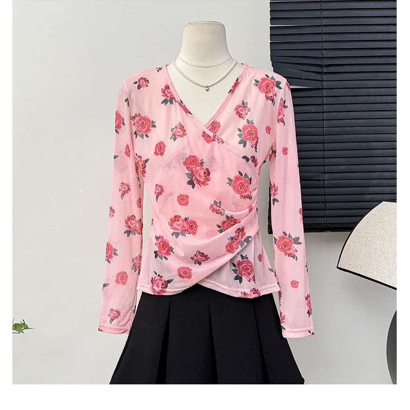 Pink V-neck Rose Print Lace Shirt  Women's Spring Autumn New Slim Fit Elegant Pleated Top Sexy Perspective Versatile Basic Shirt