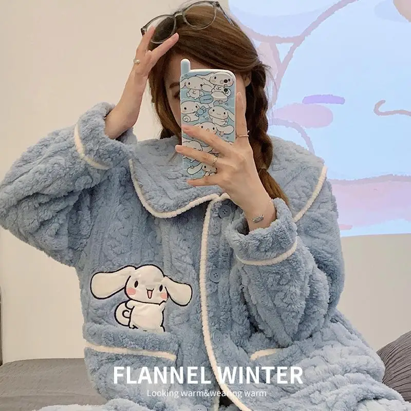 

Sanrio Girl коралловый флисовый откидной воротник сохраняющий тепло кардиган пижамный комплект Kawaii Cinnamoroll модный утепленный комплект домашней одежды в стиле комиксов