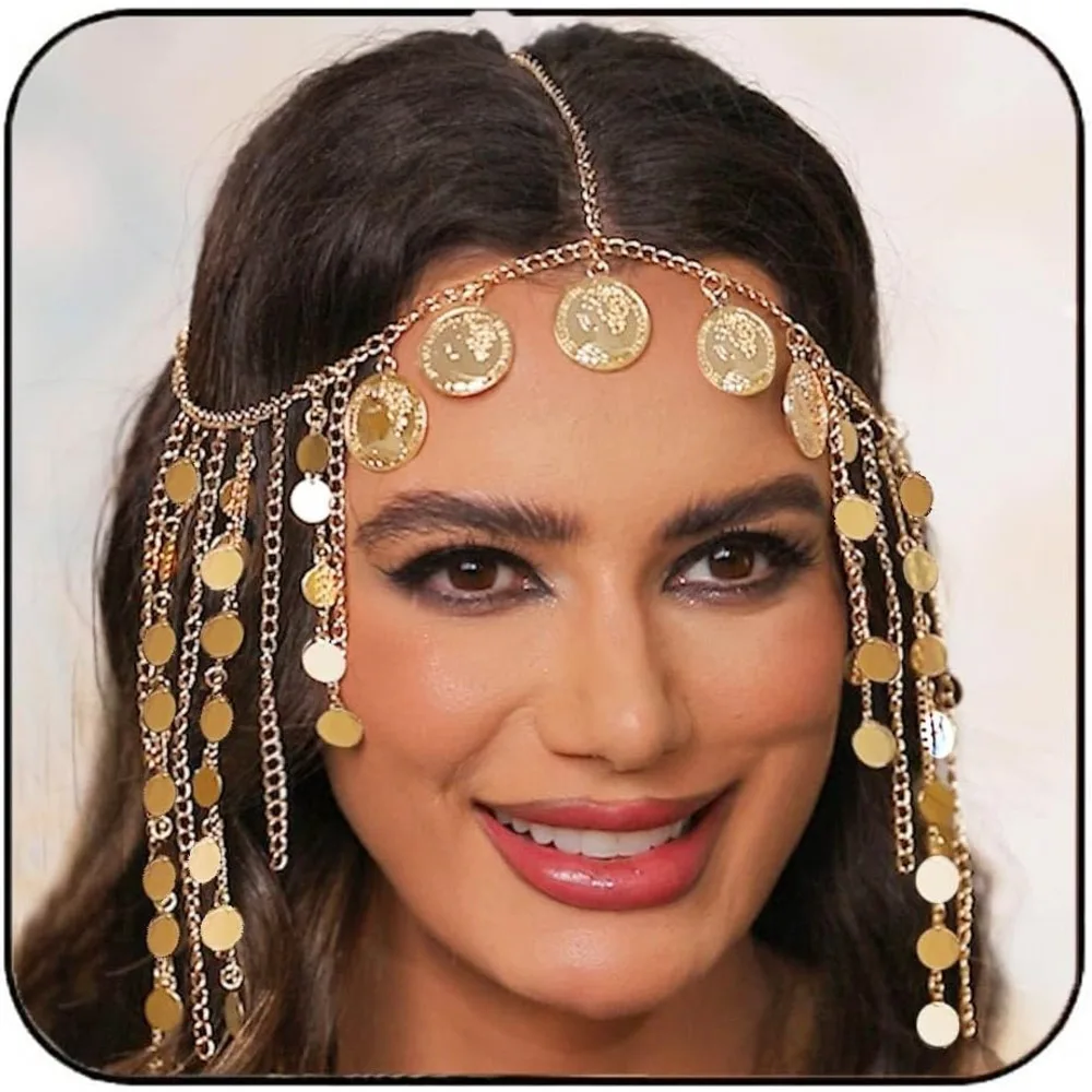 Indian Head Chain Jewelry Gold Color Sequins Coin Tassel Hair Chain Clothing Headpiece Hair Accessories  For Women And Girls