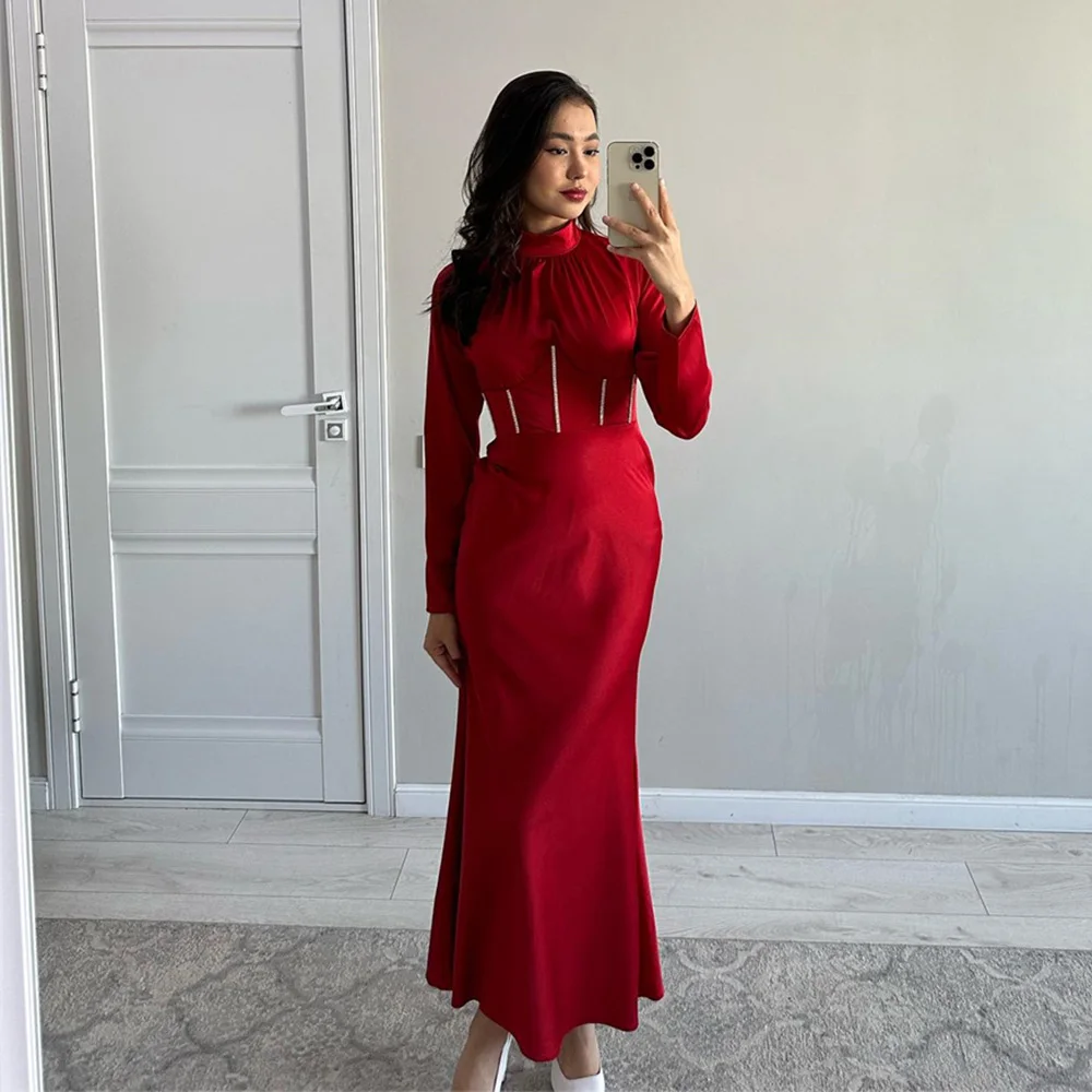 

Customized Satin Long Sleeve Prom Gown High Pleat Ankle-Length Banquet Dress Vintage Evening Party Dresses فساتين للحفلات الراقص