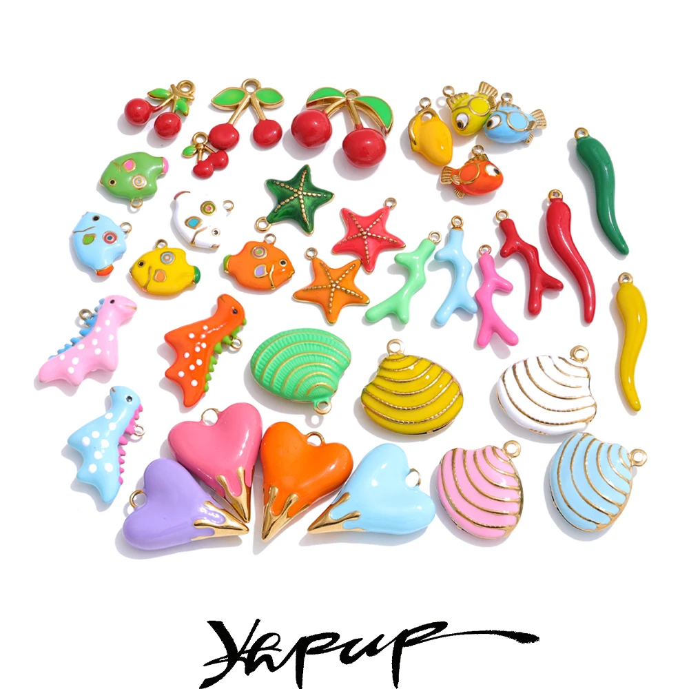 Yhpup Y2K Enamel Fruit Cherry Shell Fish Heart DIY Accessories Pendants Making Necklace Bracelet Stainless Steel Jewelry Gift