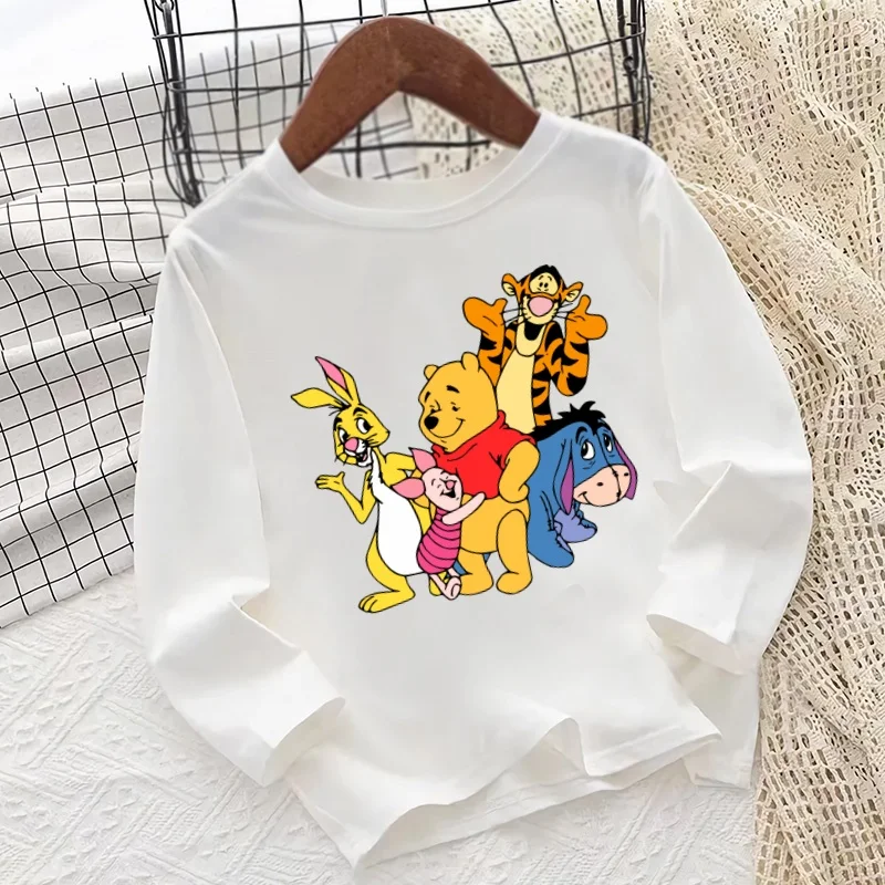 ويني ذا بوه لطيف الدب تيجر طباعة الكرتون الاطفال تي شيرت طويل الأكمام الخريف طفل الفتيان الفتيات ملابس الأطفال عادية تي شيرت
