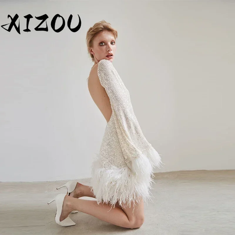 XIZOU Sequin Mini Dresses for Women Sexy Backless Long Sleeve Mini Dress Female Fringes Feather Slim Party Evening Dress 2024