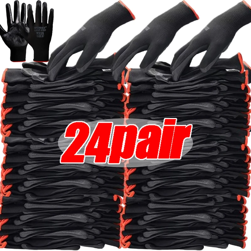 24/12pair Black Wear-resistant Gloves Outdoor Working Safety Gloves Nitrile Coated Builders Gardening Industrial Work Protective