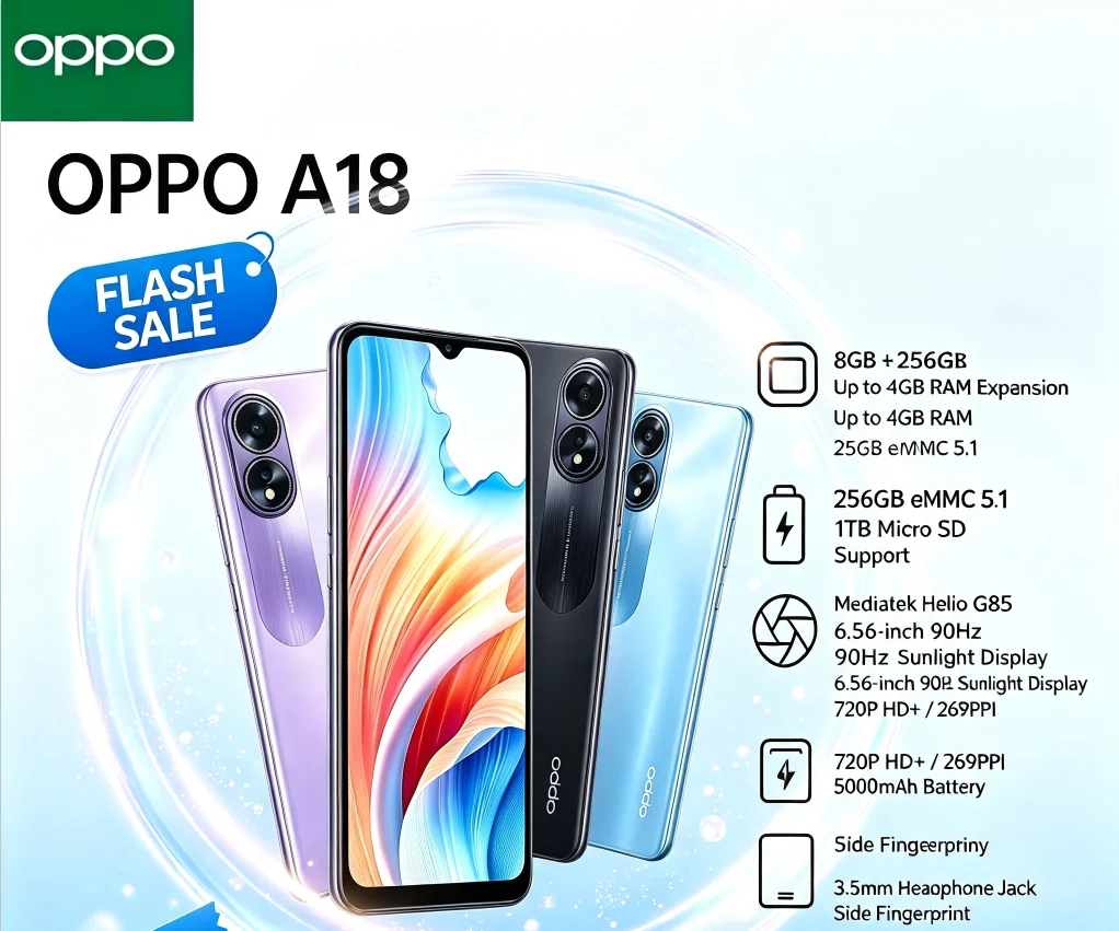 2026 Brand New OPPO A18 Unlocked Phone 8+256GB Dual SIM 6.5' HD+ Screen Helio P35 Chip 5000mAh Large Battery Smartphone