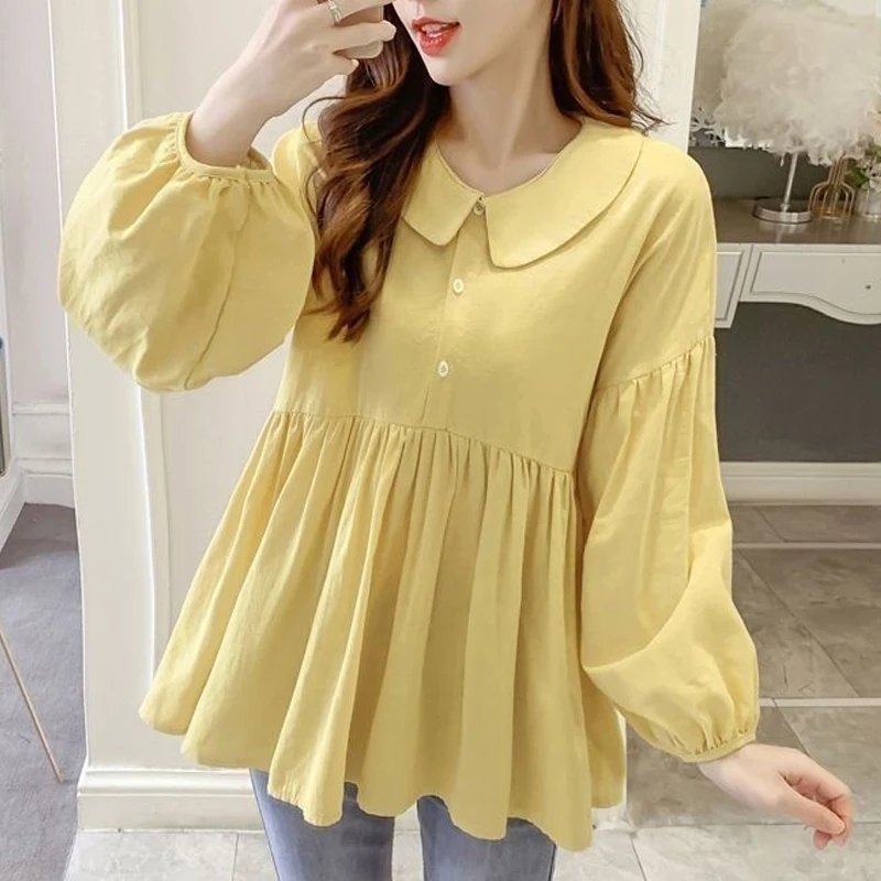 Ruffle Kawaii Sweet Peter Pan Collar Loose Tops Blouses for Women 2023 Spring Autumn New Korean Fashion Solid Long Sleeve Shirts