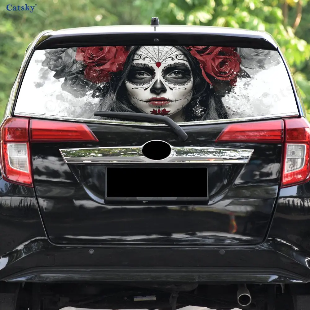 Sugar Skull Rose Wonder Journey PVC perforierte Auto-Vinylfolien, langlebiger Auto-Heckscheibenaufkleber, wasserdichte Auto-Heckscheibe