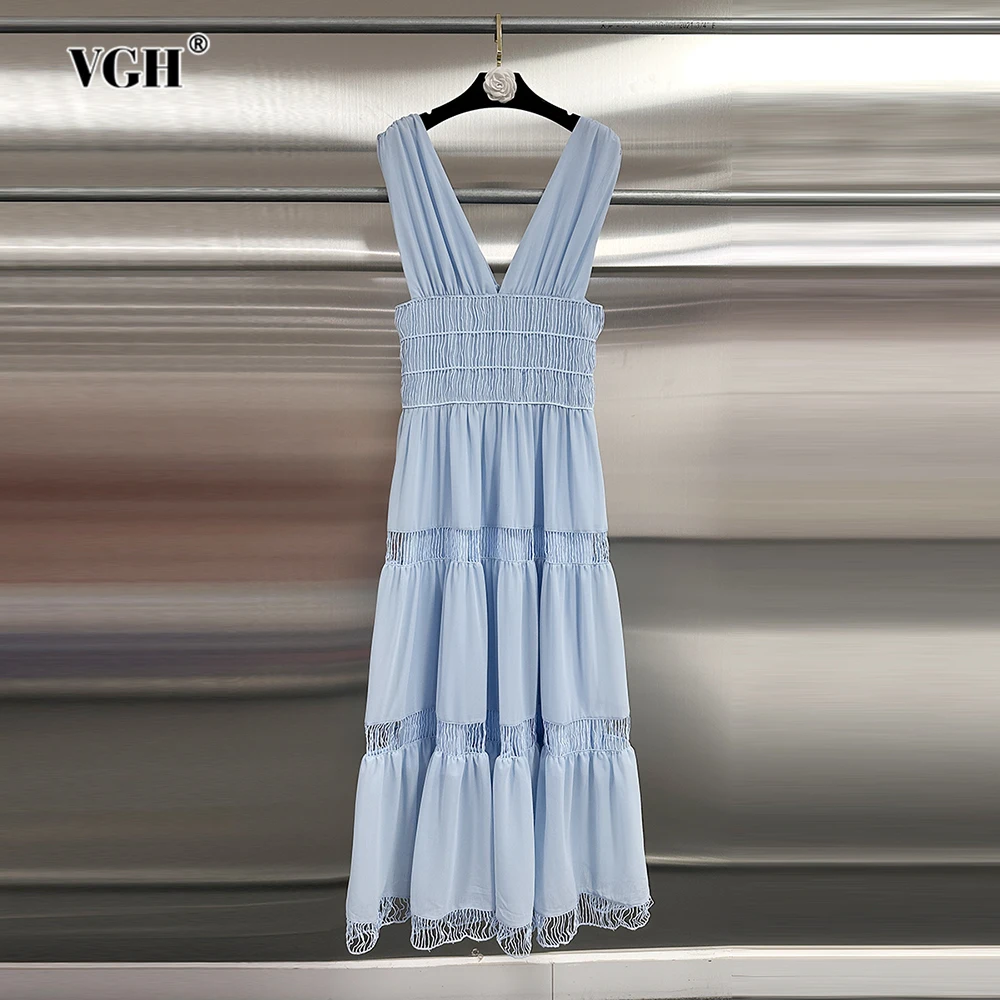 

VGH Sexy Hollow Out Backless A Line Dress for Women V Neck Sleeveless High Waist Fashionable Long Dresses Female Summer Style