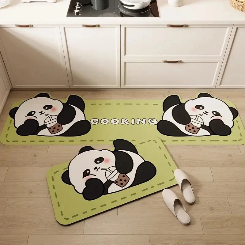 VIKAMA Cute Panda Shape Kitchen Rug Set, Non-slip Waterproof Oil-proof Floor Mat, Washable Home Kitchen Entryway Decor Rug