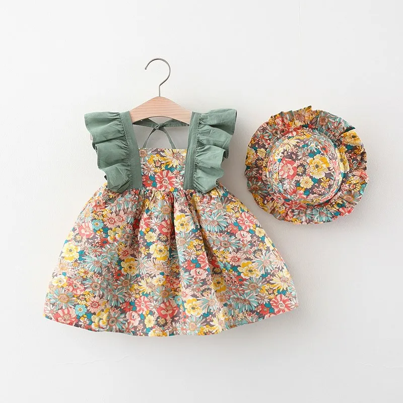 Sommerkleidung Baby Mädchen Strandkleider Lässige Mode Bedruckt Niedliche Schleife Blumen Prinzessinnenkleid Neugeborenen-Bekleidungsset