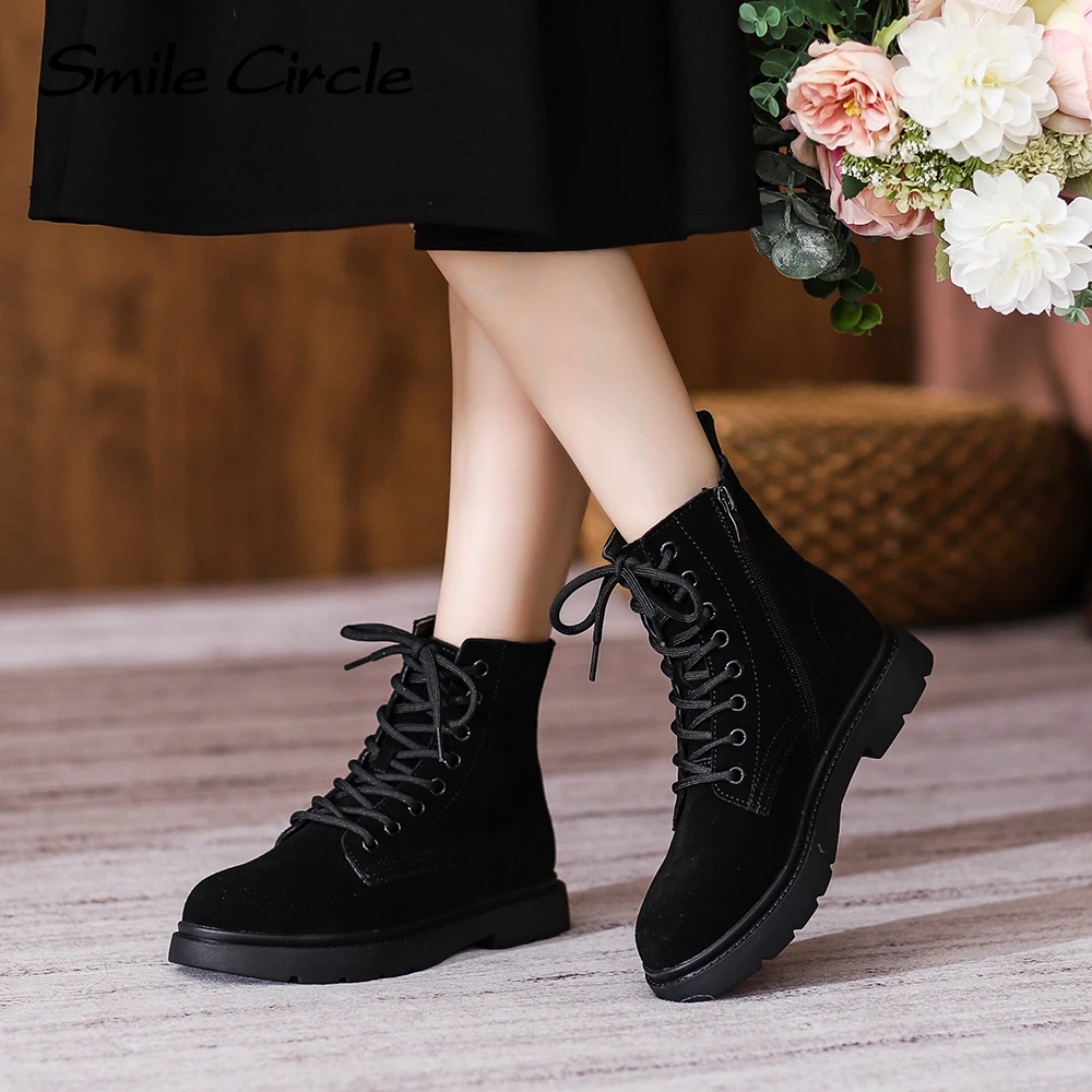 Smile Circle Women Boots Suede Leather Lace up Round-toe platform Boots Winter Lace up Fashion Ankle Boots