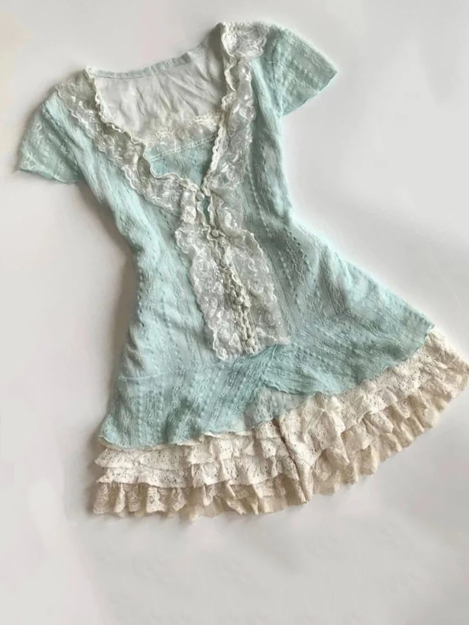 Gaun Pesta Lolita Renda Gotik Manis Ramping Punk Set 2 Potong Harajuku Gadis Populer Mode Korea Lengan Pendek Y2k 2000S Gaun Pesta Seksi