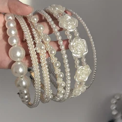 Elegant Big White Pearl Headbands for Women Girl Handmade Simple Rose Flower Hairbands Wave Retro Hairhoop Headdress Accessories