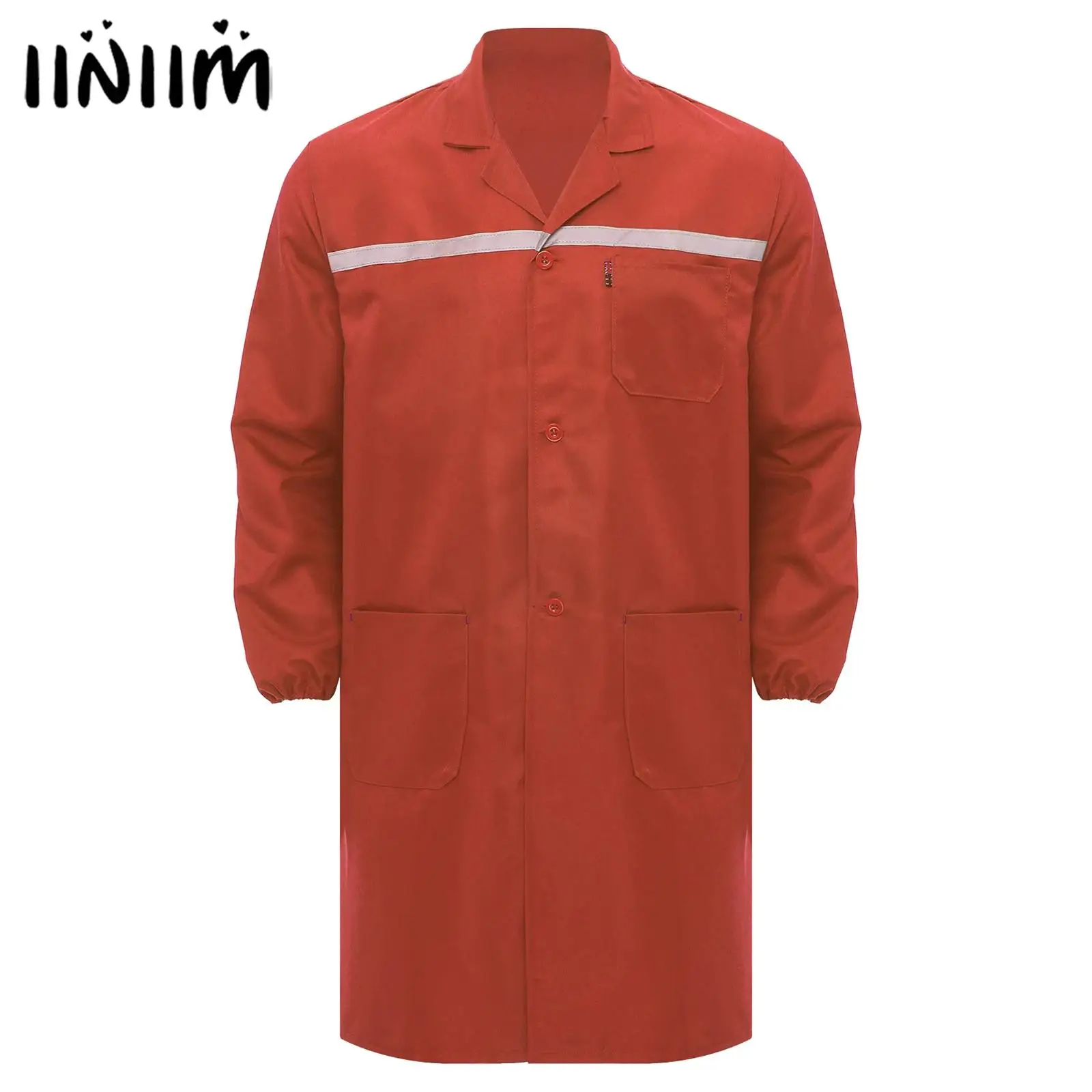 Mens Womens Factory Workshop Uniform Long Sleeve Pockets Button-up Coverall Reflective Strips Long Workwear Wear-resistant Coat