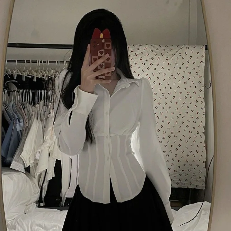 

Deeptown Elegant White Basic Women Shirt Tunic Long Sleeve Korean Fashion Blouses Slim Jk Solid Color Preppy Gyaru Bottom Top