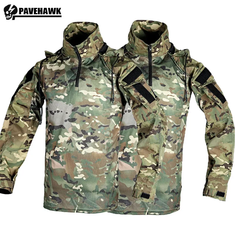 

Camouflage Hooded Charge Jacket Mens Multi Pocket Field Hiking Combat Tops Half Zipper Training Hunting Pullover Detachable Hat