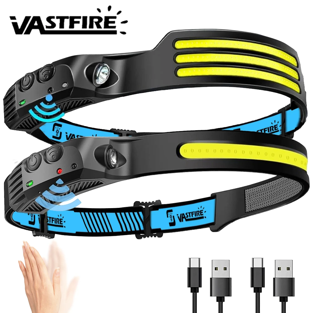 COB LED Sensor Headlamp Induction Head Lamp Built-in Battery USB Rechargeable Head Flashlight 5 Lighting Modes Fishing Lantern