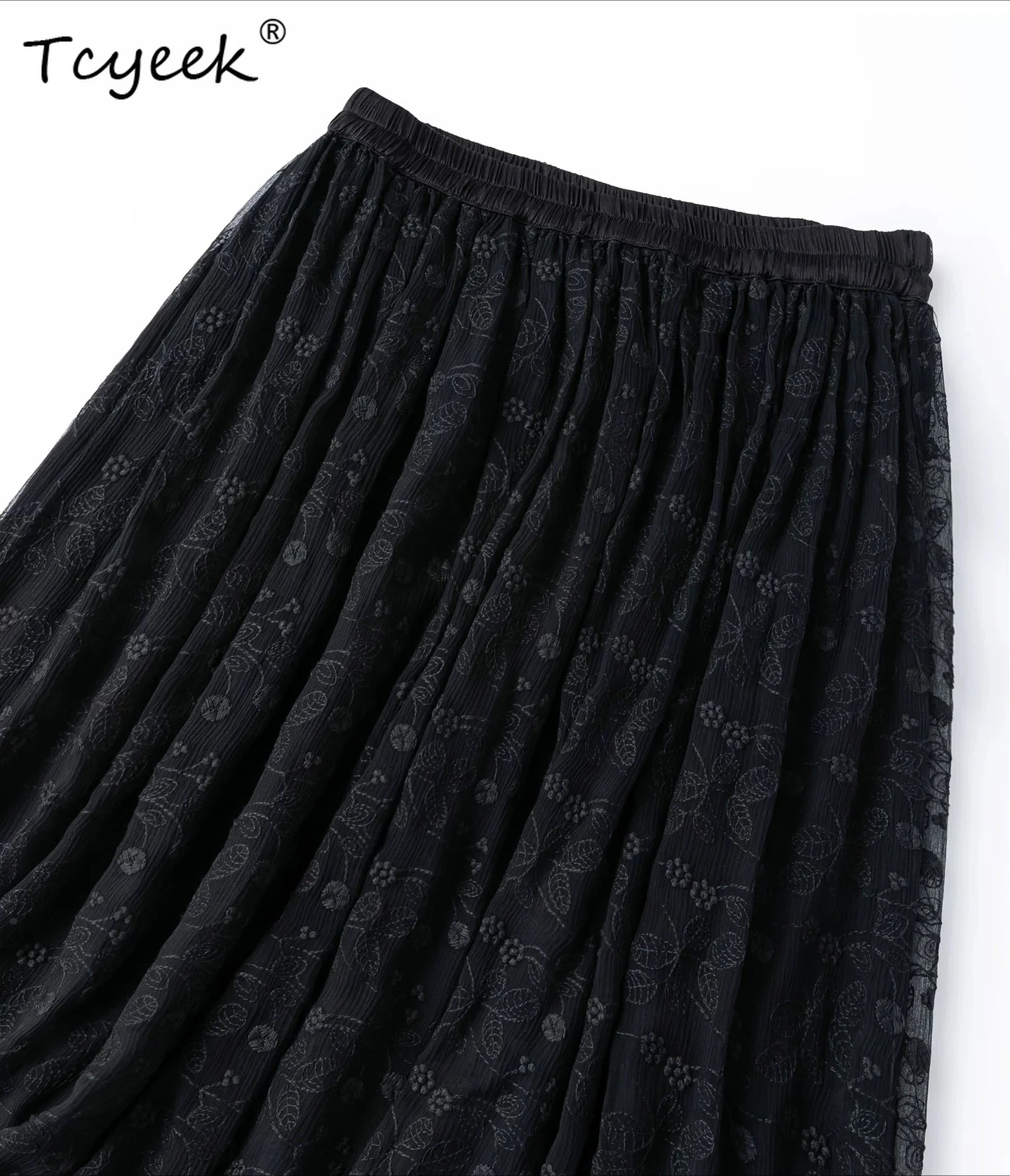 Tcyeek 100% Real Silk Womens Skirts 2026 Elegant Clothes Black Skirt Women's Summer Skirt Heavy Embroidery Faldones Para Mujer