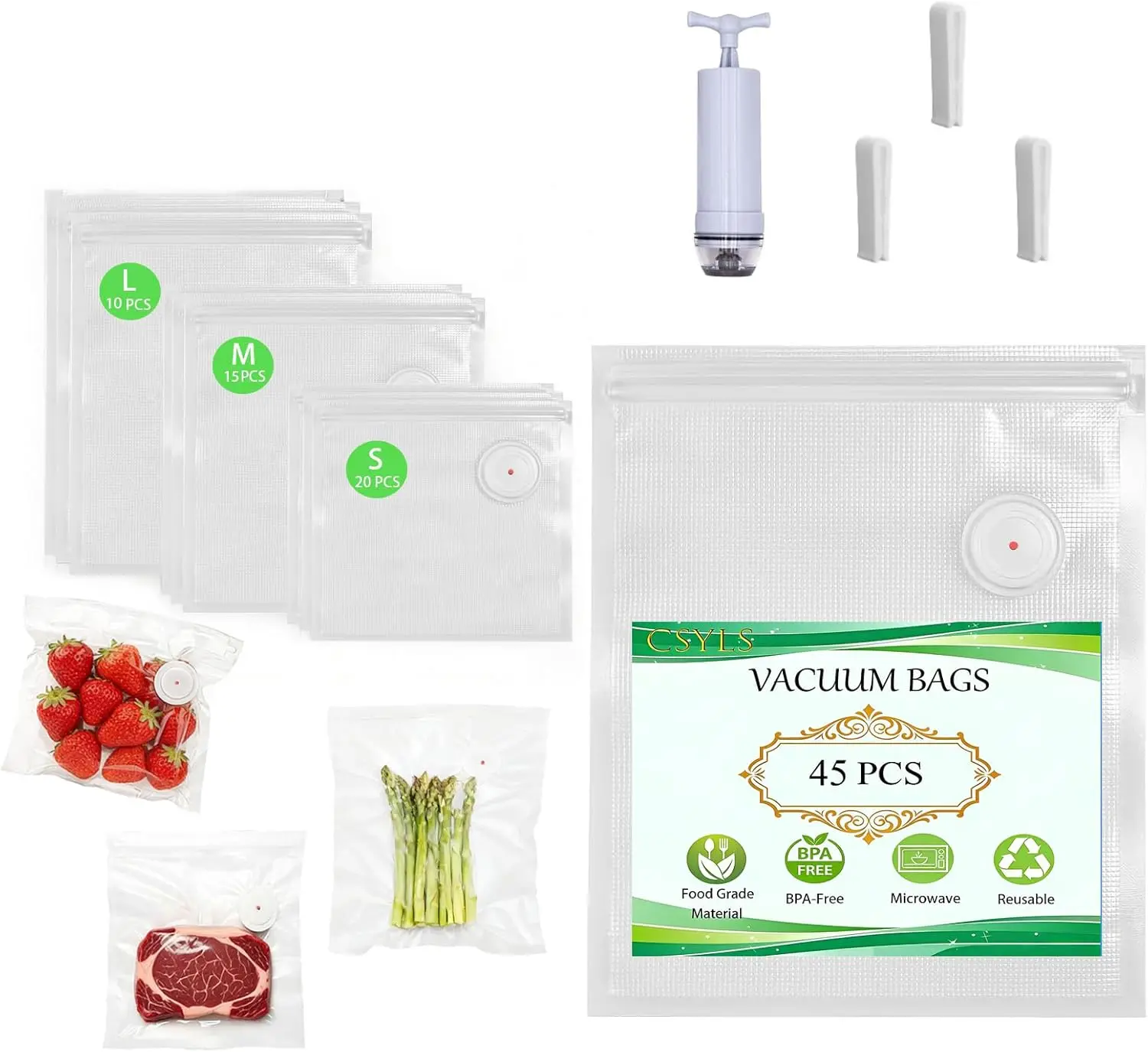 

45 Pcs Reusable Vacuum Sealer Bags for Food with Hand Pump, BPA-Free Vacuum Storage Bags for Sous Vide Cooking & Meal Prep, U