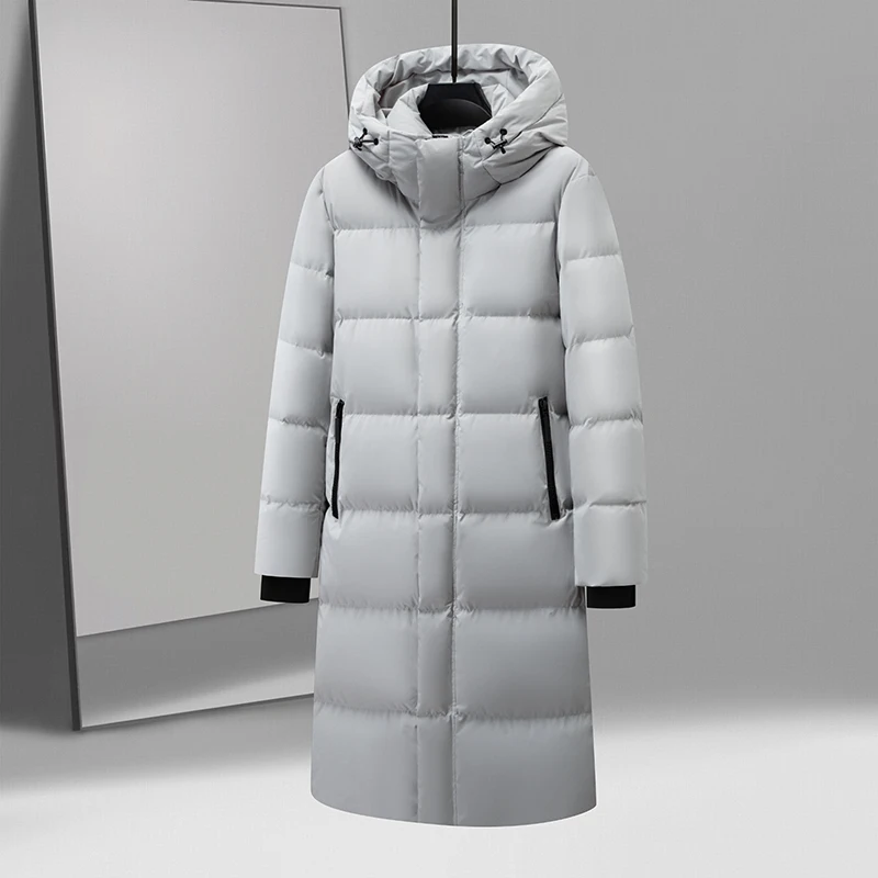 Casual 2024 Winter Men\'s Solid Color Over Knee White Duck Down Jackets Outwear Long Length Windproof Hooded Puffer Coats Clothes