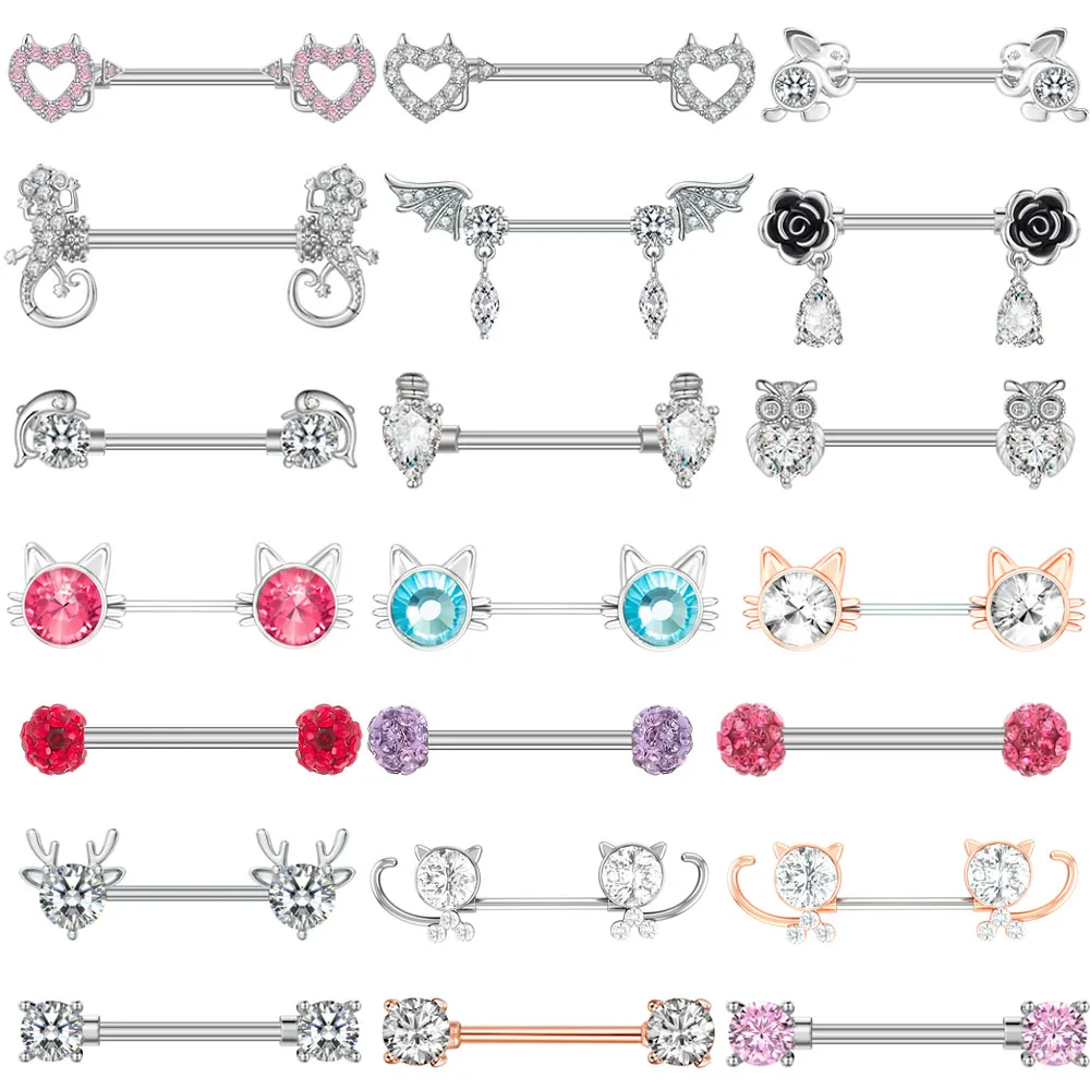 2pcs Cute Cat Zircon CZs Nipple Piercings Barbell for Women 14G Rabbit Dolphin Wing Nipple Shield Cover Bar Nipple Ring Jewelry