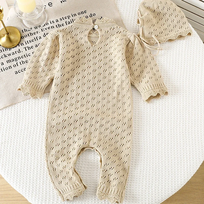 2025 New Autumn 0-24M Infant Baby Knitted Jumpsuit+Hat Long Sleeved Solid Color Hollow Out Toddler Baby Girl Knitted Romper