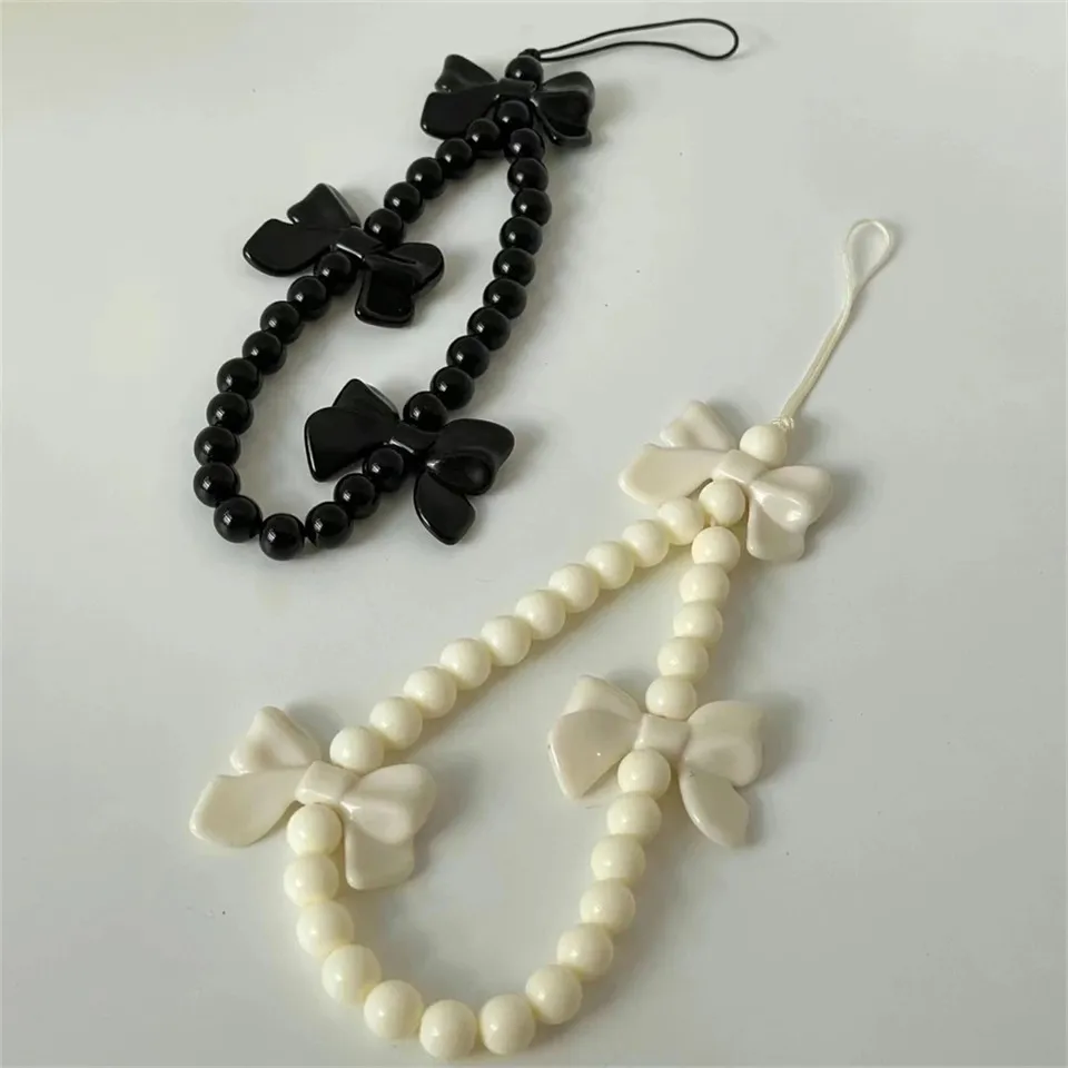 Korean Cute Bowknot Phone Charm Strap Beaded Pendant Bracelet For iPhone Samsung Accessories Hanging Cord Rope For Girl Jewelry