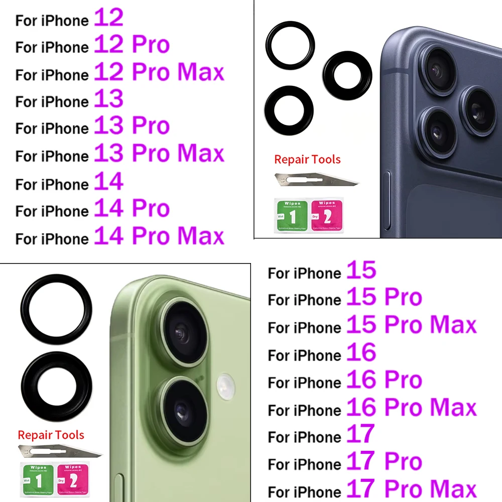 Camera Glass Lens Back Rear Camera Glass Lens With Sticker Adhesive For iPhone 11 12 13 14 15 16 17 Pro Max Plus Mini