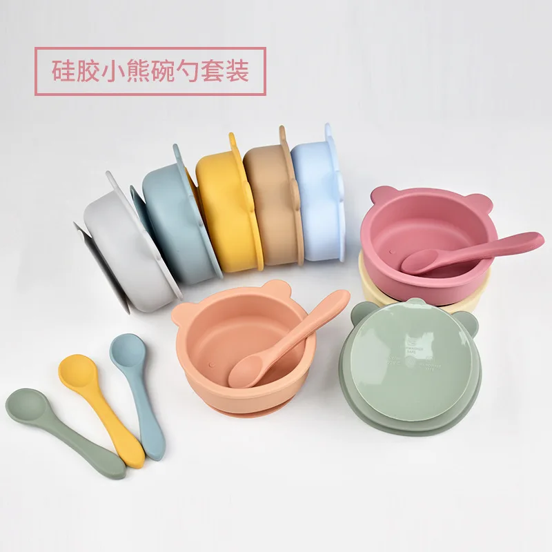 2PC Silicone Baby Tableware Suction Dinner Set Eating Training Baby Stuff Cartoon Cute Bear Shape Bowl Toddler Tableware Set