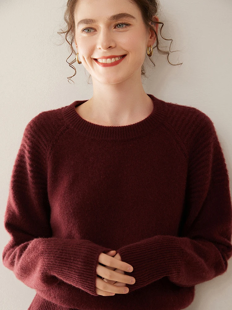 

Corrugated sleeve round neck solid color cashmere sweater women's raglan sleeves loose thick knit bottoming sweater