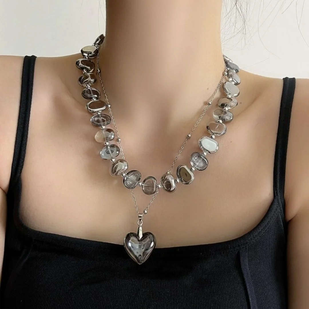 

DUTRIEUX Y2K Simple Beaded Necklace Irregular Double Layer Transparent Beads Necklace Ornaments Neck Jewelry Collarbone Chain