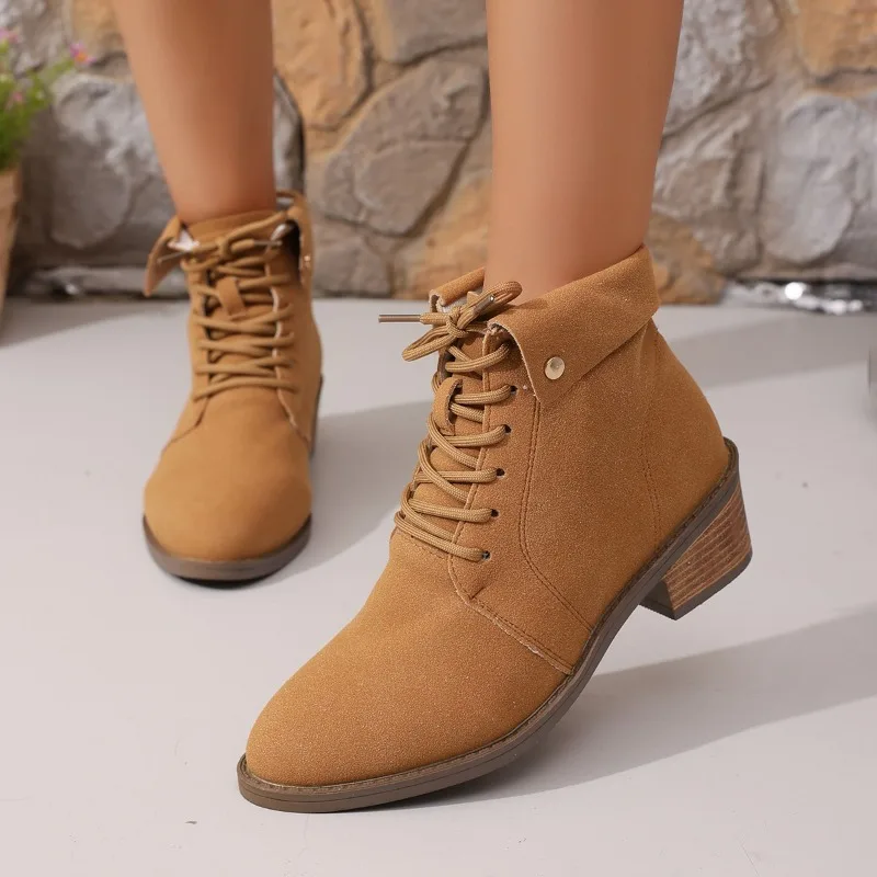 2025 Hot Fashion Women's Ankle Boots Yellow Side Zip Lace Up Women Shoes New Trend Versatile Shoes Pointed Low Heels Boots