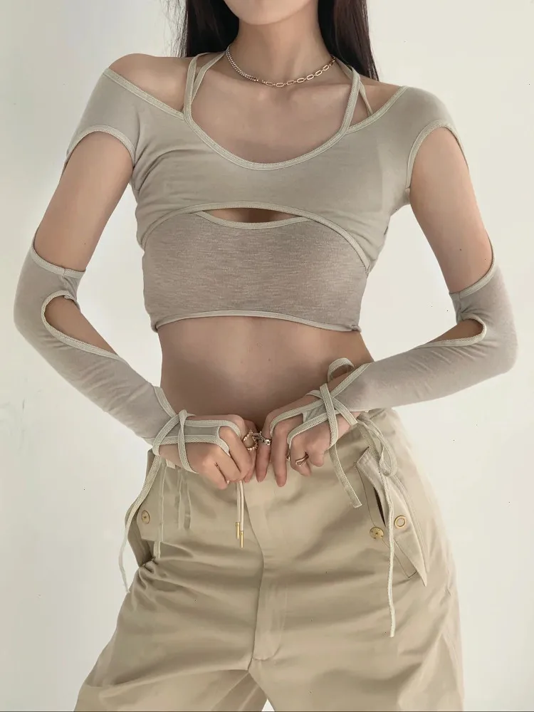 Women's Hollow Gyaru Tee Top 2000s Vintage Streetwear Aesthetic Fashion Fake Two Piece Long Sleeve Cropped T-Shirt Summer 2026