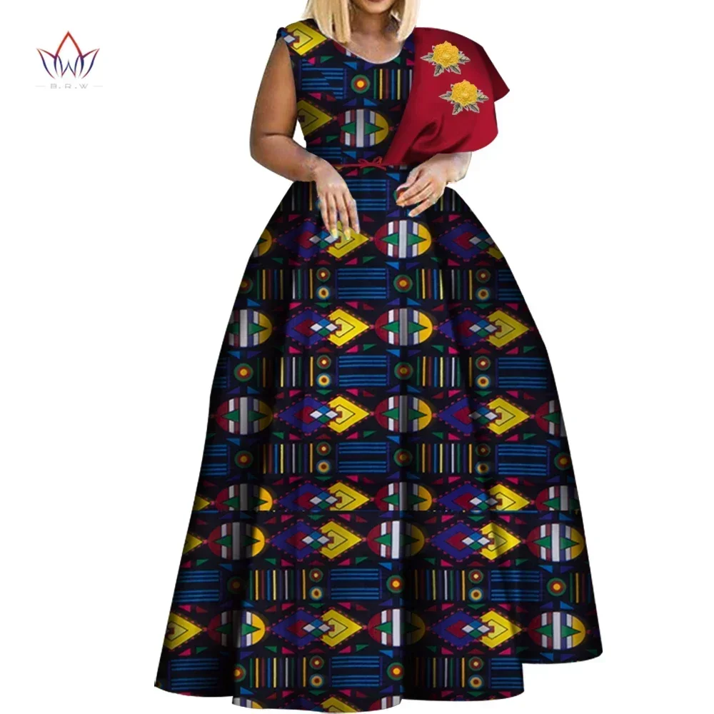 Bintarealwax Dashiki African Print Dresses Bazin One-shoulder Party Dress Vestidos Plus Size African Dresses for Women WY3834
