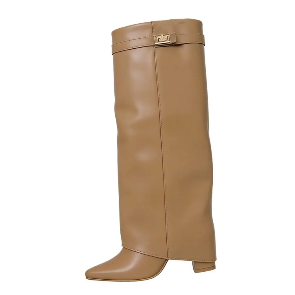 New Style Women's Shoes, Pointed Toe Large Shaft, Straight Metal Buckle Mid-length Boots Large Size Thick Heel Leg Boots