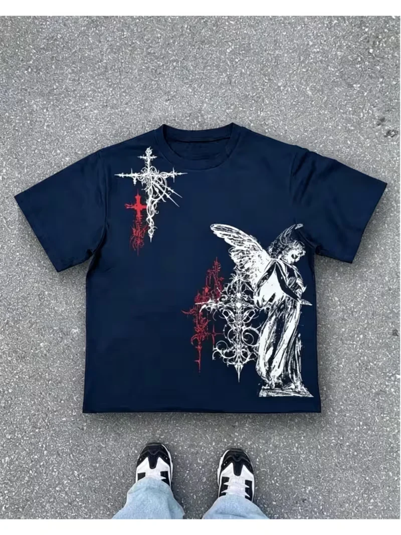 2000s-style T-shirt with “Angel” print—casual, unisex, short-sleeved, retro streetwear, Y2K “grunge” style, trendy top