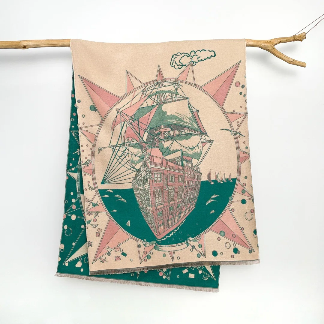 

Luxury Sailboat Print Women Winter Scarf Warm Soft Imitation Cashmere Shawls Outdoor Travel Blanket Pashmina Wraps180*65CM